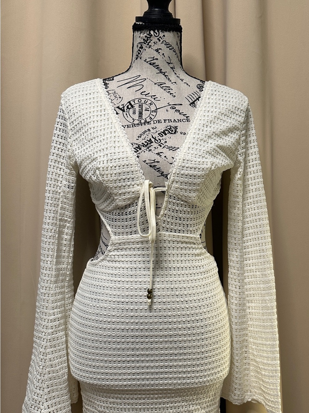 NWT Fashion Nova Ivory Crochet Cutout Bell Sleeve Mini Dress XS